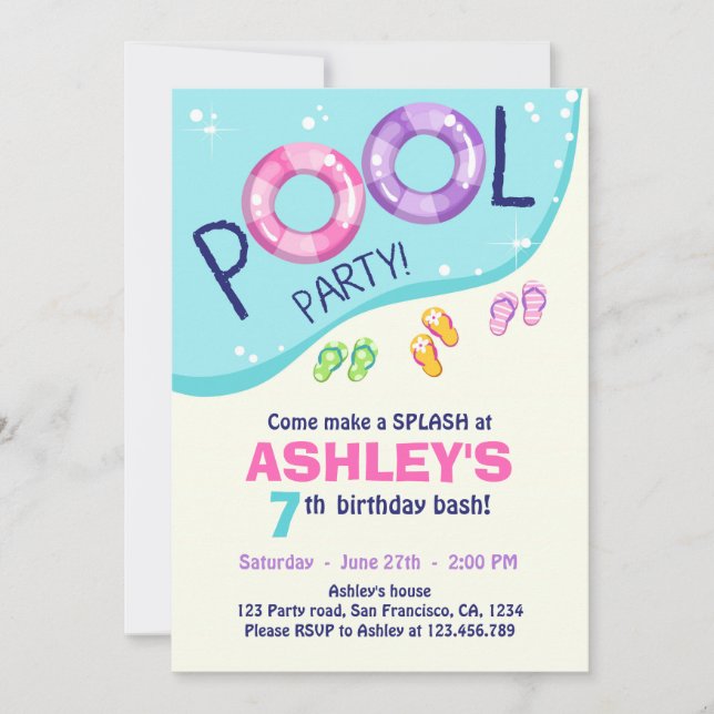 Invitation Piscine Fête Été Rose Fille Anniversaire Invitatio (Devant)