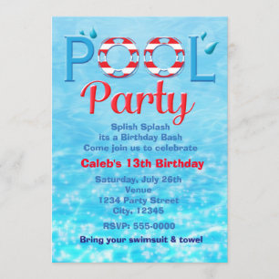 Invitation PISCINE FÊTE Rouge Anniversaire Typographie nage I