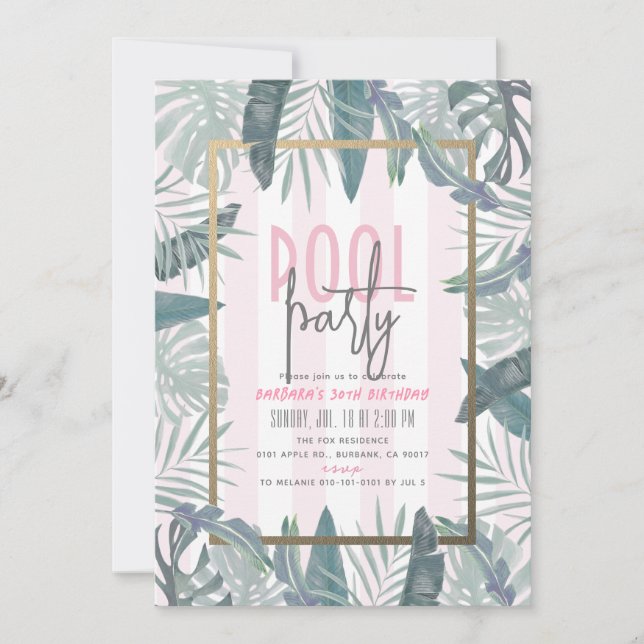 Invitation Piscine Feuille tropicale Pink Adulte Anniversaire (Devant)