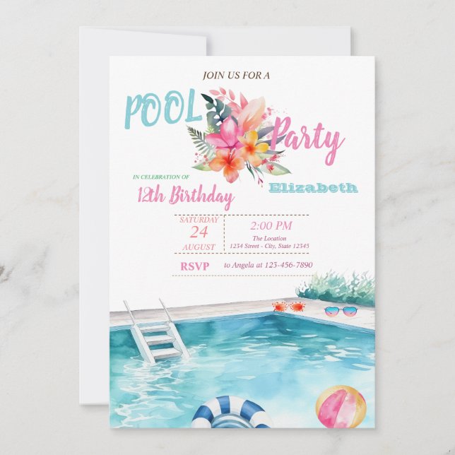 Invitation Piscine Lunettes de flottaison Fleurs Anniversaire (Devant)