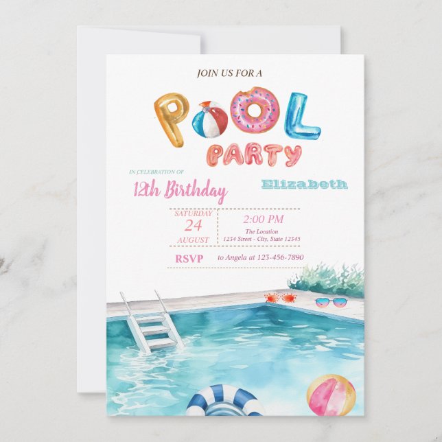 Invitation Piscine Lunettes de flottaison Piscine fête d'anni (Devant)