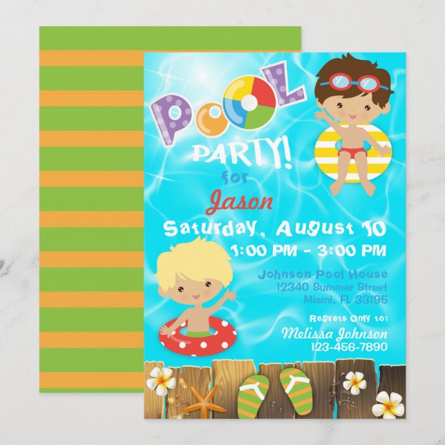 Invitation Piscine Party Enfants baignade Anniversaire (Devant / Derrière)