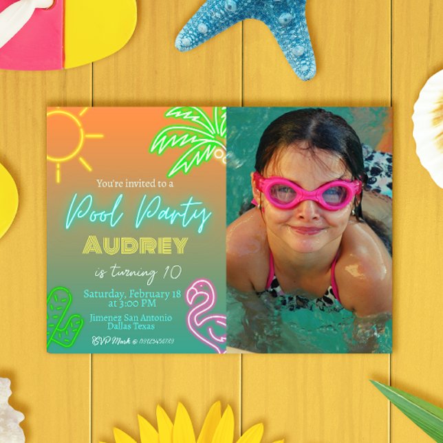 Invitation Piscine Party Neon Paysage (Créateur téléchargé)