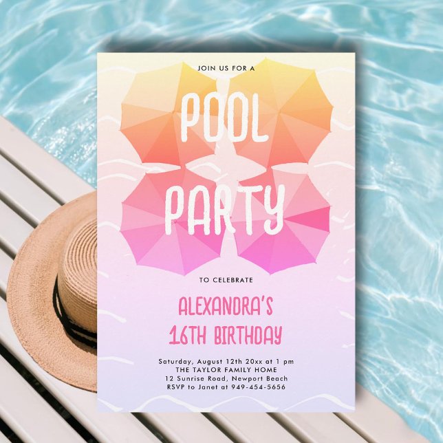 Invitation Piscine rose Anniversaire Parasols Cool Sweet 16 (pink sweet 16 pool party invitations ideas modern umbrellas pattern chic cute cool fun teen elegant)