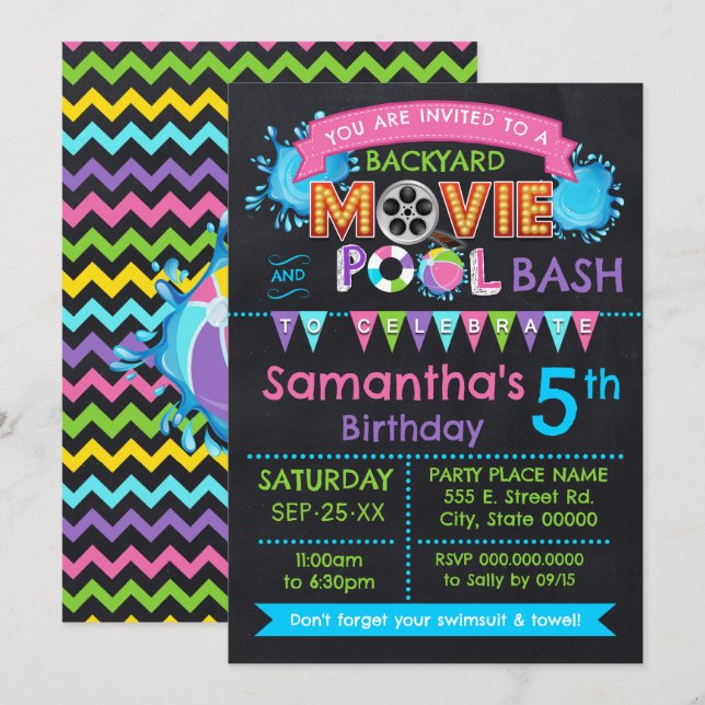 Invitation Piscine rose et cinéma Anniversaire fête d'été (Devant / Derrière)