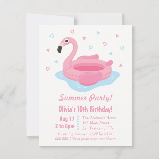 Invitation Piscine rose Flamant rose Flotte été fête d'annive (Devant)