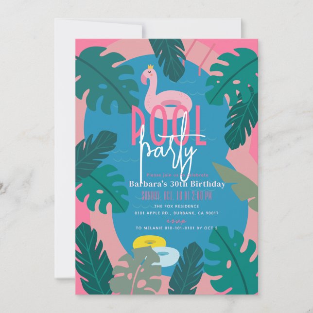 Invitation Piscine rose néon tropical Adulte Anniversaire (Devant)