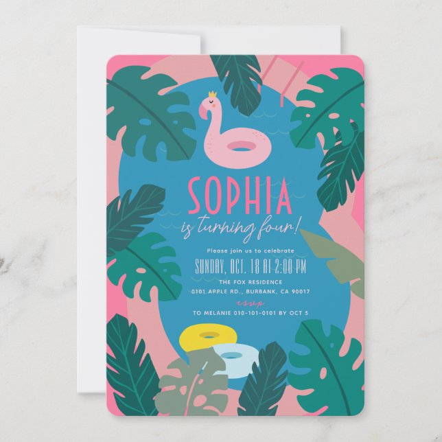 Invitation Piscine rose néon tropical fille Anniversaire (Devant)