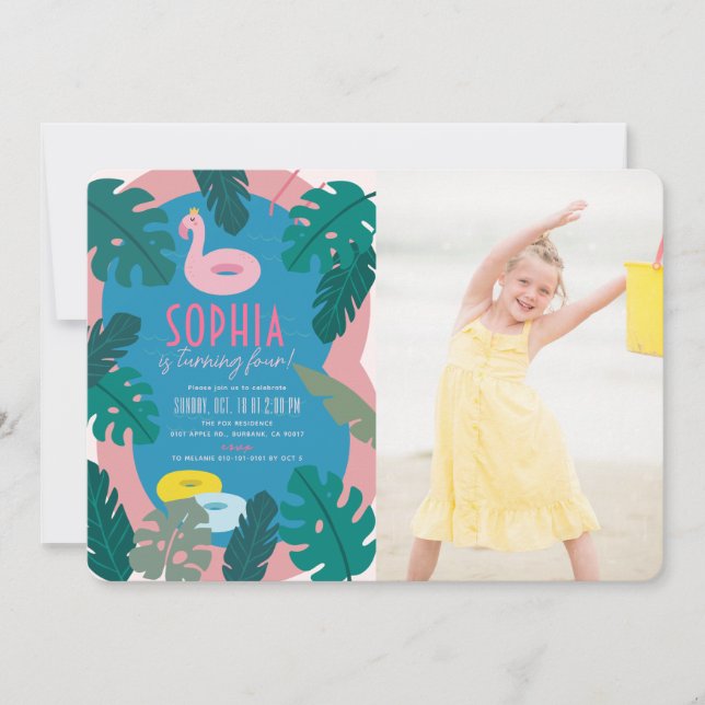 Invitation Piscine rose néon tropical fille Anniversaire Phot (Devant)