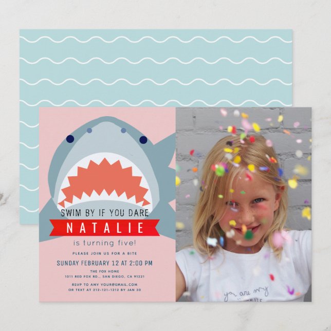 Invitation Piscine rose requin Photo Fille Anniversaire (Devant / Derrière)