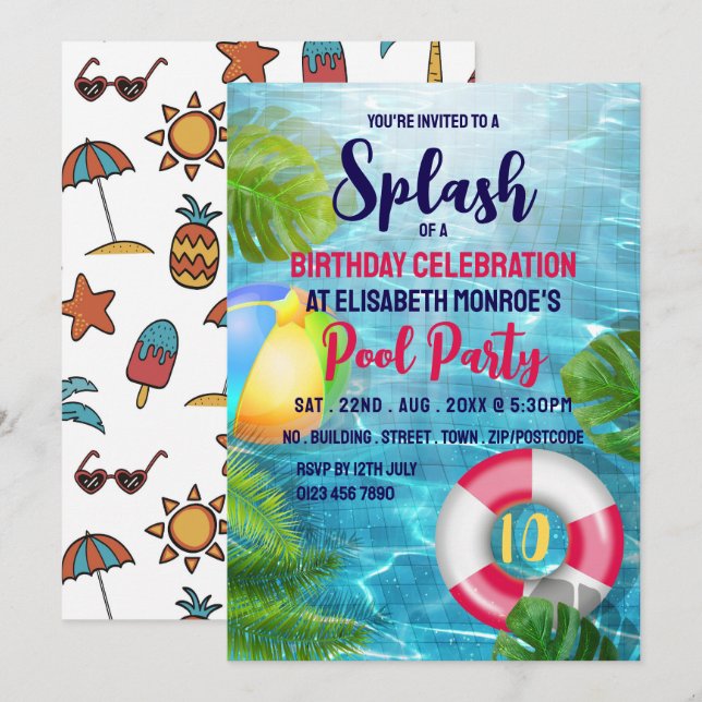 Invitation Piscine tropicale Beach Ball, Anniversaire Pool Pa (Devant / Derrière)