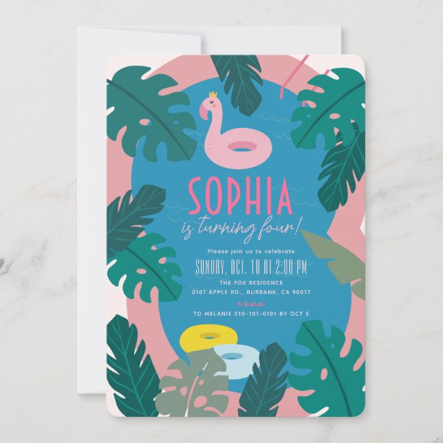 Invitation Piscine tropicale fête rose fille Anniversaire (Devant)