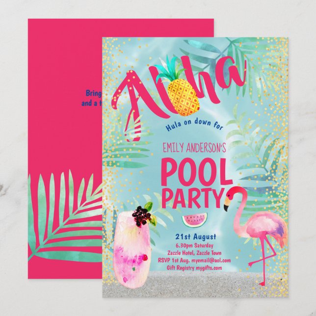 Invitation PISCINE tropicale Flamant rose ananas Aloha Luau (Devant / Derrière)
