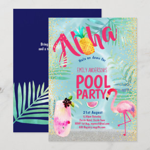 Invitation PISCINE tropicale Flamant rose ananas Aloha Luau