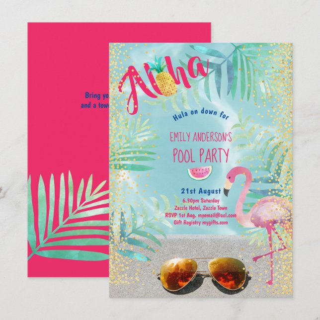 Invitation PISCINE tropicale Flamant rose ananas Aloha Luau (Devant / Derrière)