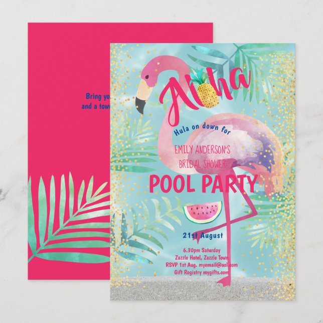 Invitation PISCINE tropicale Flamant rose ananas Aloha Luau (Devant / Derrière)