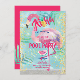 Invitation PISCINE tropicale Flamant rose ananas Aloha Luau