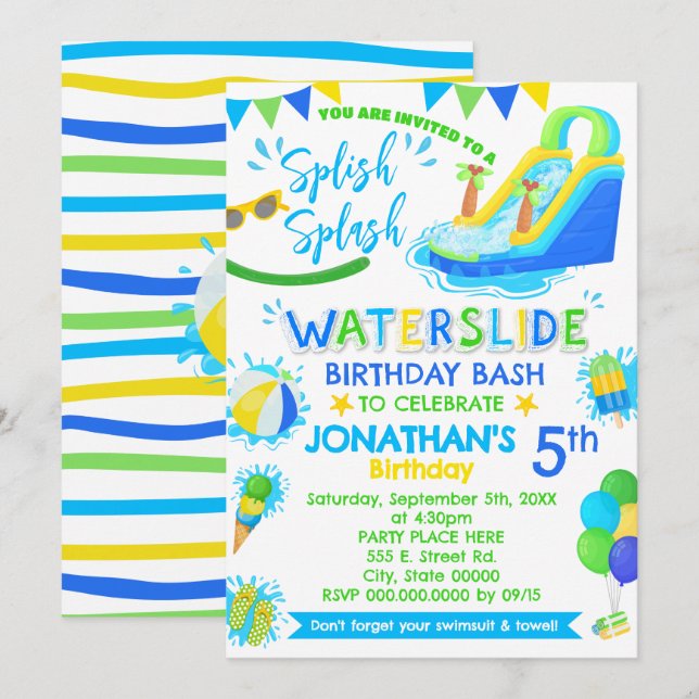 Invitation Piscine verte bleue d'anniversaire Splish Splash (Devant / Derrière)