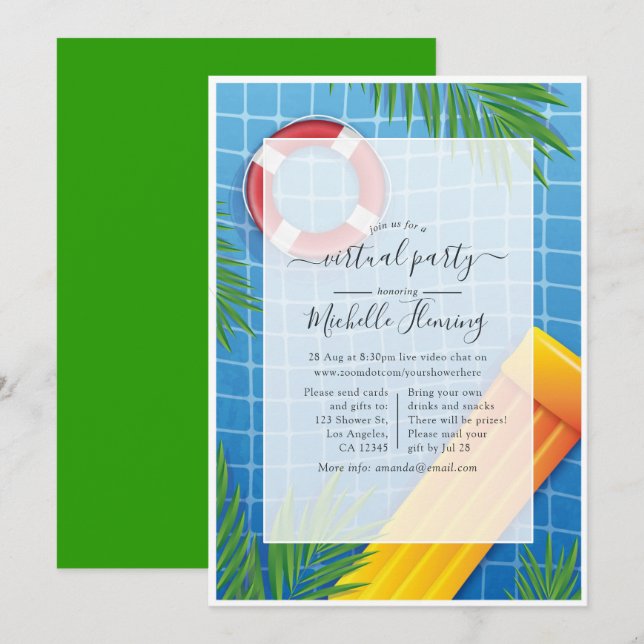 Invitation Piscine virtuelle tropicale fête d'anniversaire (Devant / Derrière)