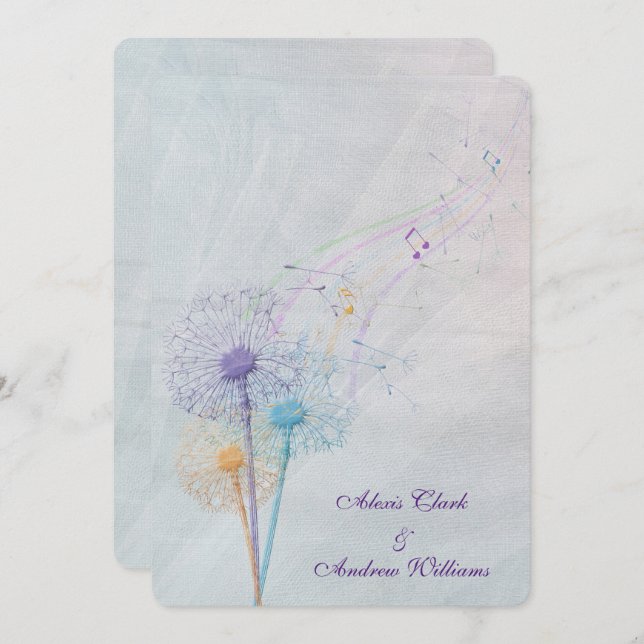 Invitation pissenlit et notes musicales sur tulle mariage (Devant / Derrière)