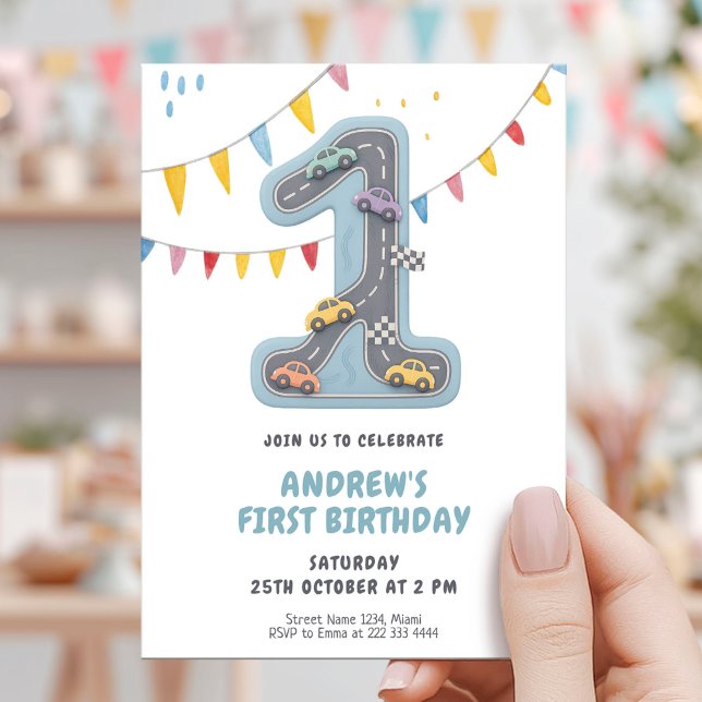 Invitation Piste de course Pastel Premier anniversaire (Créateur téléchargé)