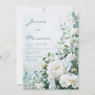 Invitation Pivoine blanche Menthe verte Or Aquarelle Mariage
