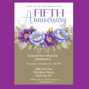 Invitation Pivoine bleue et violette 5e anniversaire de maria