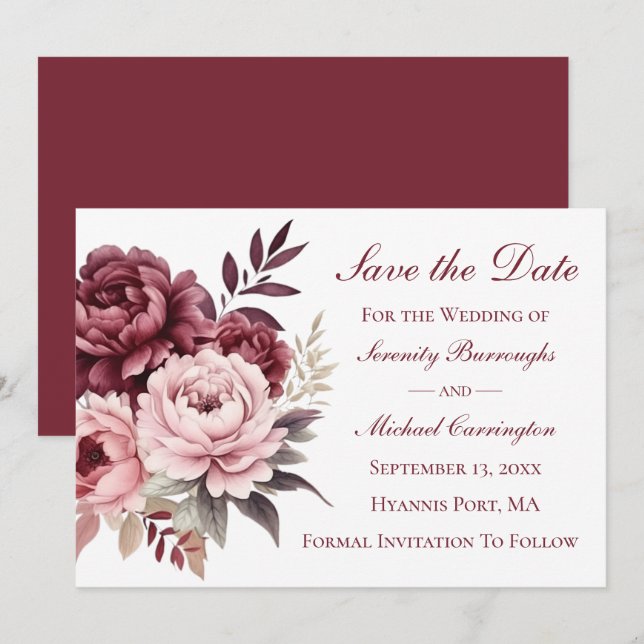 Invitation Pivoine Fleurs Rose Bourgogne Économisez la Date M (Devant / Derrière)