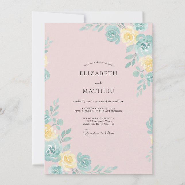 Invitation Pivoine jaune rose pâle et douce pour mariage (Devant)