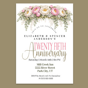 Invitation Pivoine rose et blanche 25e anniversaire de mariag