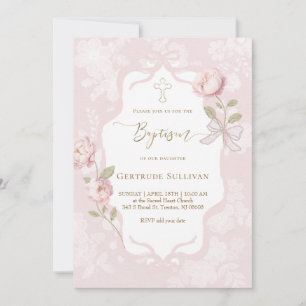 Invitation pivoines aquarelle rose cadre Baptême