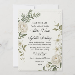 Invitation Pivoines blanches, fleurs de clématite, feuillage