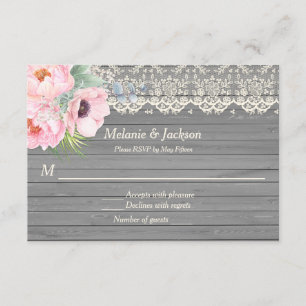 Invitation Pivoines Dentelle Bois de Grange Anémones Réponse