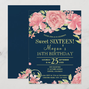 Invitation Pivoines en fleurs blush chic sur bleu marine pour