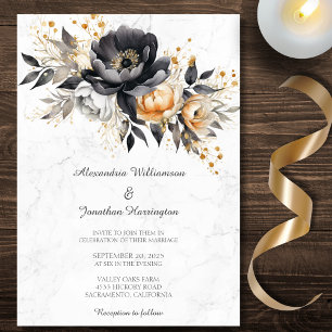 Invitation Pivoines noires et dorées sur mariage en marbre