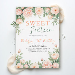 Invitation Pivoines Rose Pêche Floral Élégant Script Douce 16