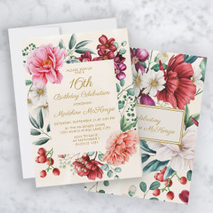 Invitation Pivoines roses Bourguignon Fleurs Feuilles 16e Ann