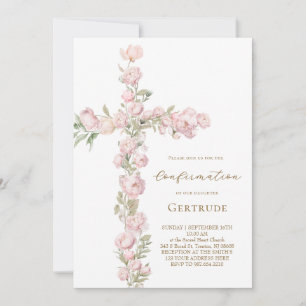 Invitation pivoines roses croix Confirmation