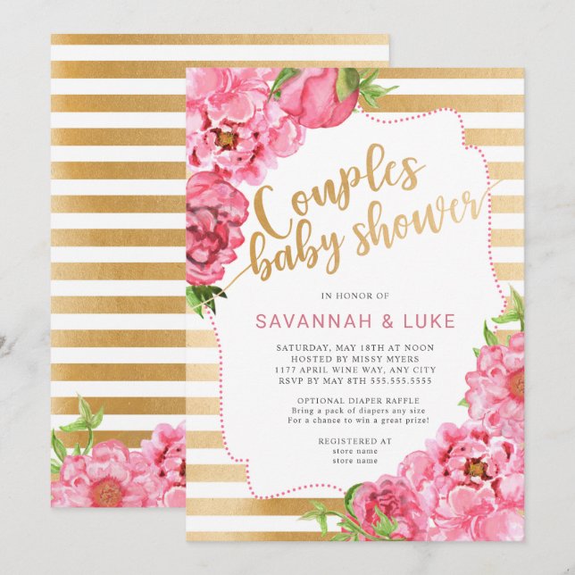 Invitation Pivoines roses d'or du baby shower | de couples (Devant / Derrière)