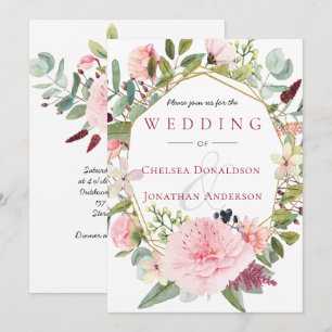 Invitation Pivoines roses et eucalyptus aquarelle géométrique