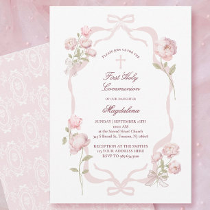 Invitation pivoines roses fille de première communion