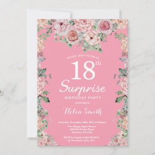 Invitation Pivoines roses florales 18e anniversaire surprise