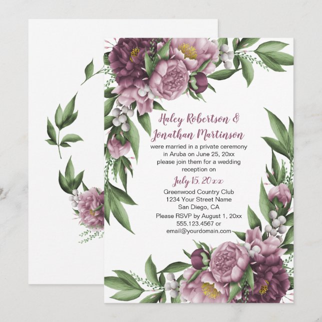 Invitation Pivoines Roses Mauves et Feuillage Réception uniqu (Devant / Derrière)