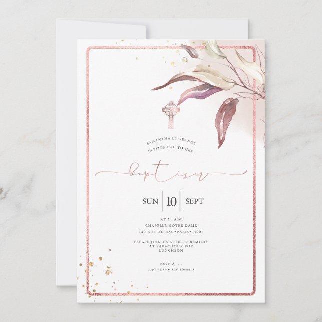 Invitation Pix-Dezines Baptême de l'Rose Dusty Eucalyptus Spr (Devant)