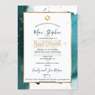 Invitation Pix-Dezines Bar Mitzvah Aquarelle verte Turquoise