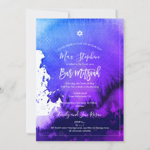 Invitation Pix-Dezines Bar Mitzvah Aquarelle violette électri