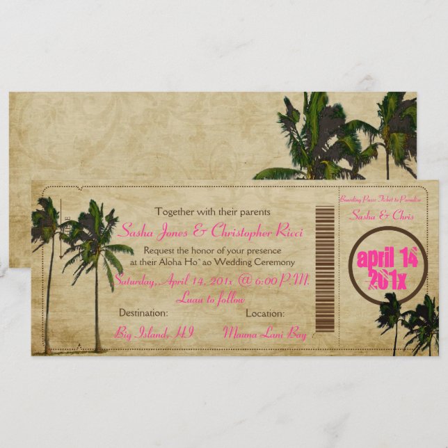 Invitation Pix-Dezines Boarding Pass/palmiers jumeaux vintage (Devant / Derrière)