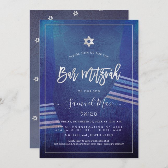 Invitation Pix Dezines Navy Blue+Platinum Talitz Bar Mitzvah (Devant / Derrière)