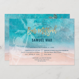 Invitation Pix Dezines surf, palmiers, beach ba mitzvah 