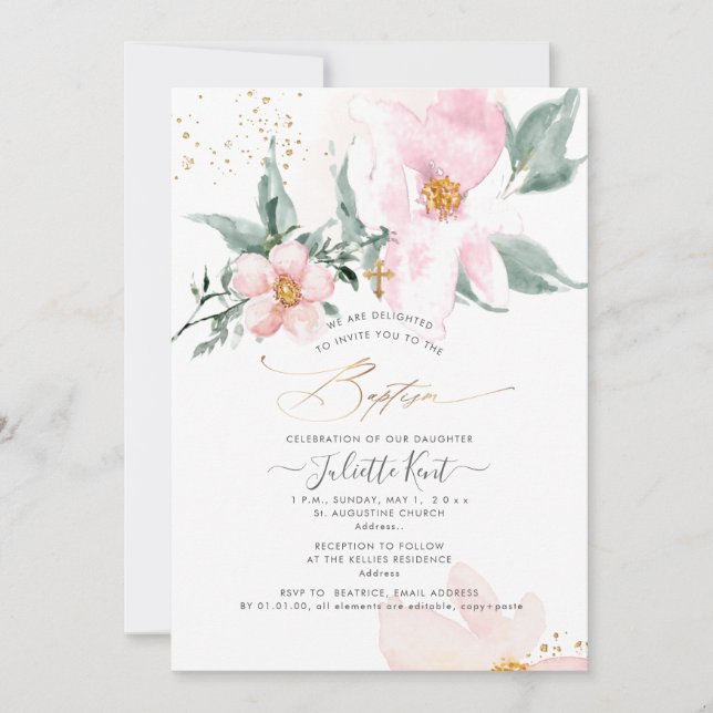 Invitation PixDezin H2 Baptême Rose à simple fosse pétale (Devant)